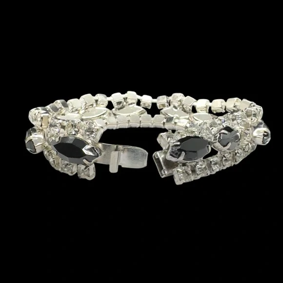Vintage Domed Black Glass Marquis & Clear Rhinestone Bracelet - Picture 6 of 10